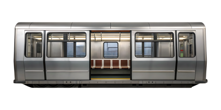 Silver subway car interior with brown seats and windows train