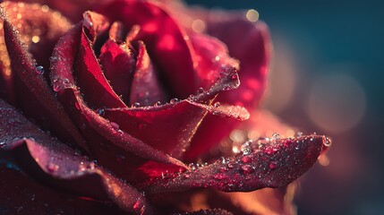 Close up of a deep red rose covered in sparkling morning dew drops