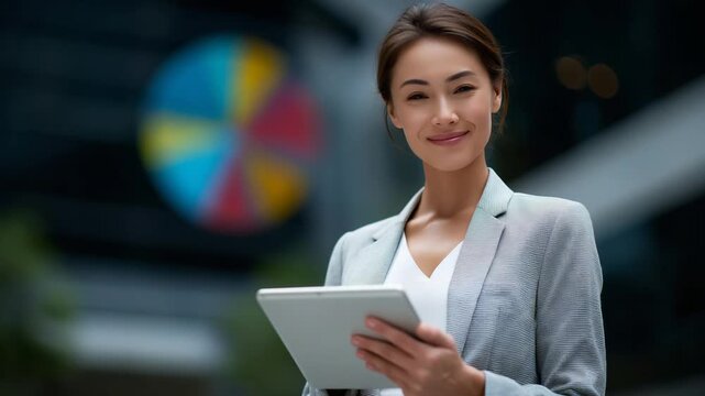 Woman Analyzing A:B Test Results on Tablet with Pie Charts