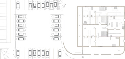 Commercial Building Floor Plan: Efficient Layout with Parking, Entrance, and Interior Spaces flat vector illustration
