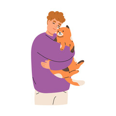 Smiling man hugging big cute cat. Happy male pet owner with feline animals. Care and love for home pet. Young guy and kitty friendly relationship. Flat illustration isolated on white background