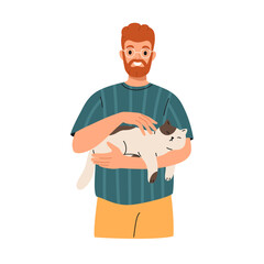 Smiling man holding cute cat in hands. Kitty sleeping in owners arms. Care and love for home pet. Young guy and feline pet friendly relationship. Flat illustration isolated on white background