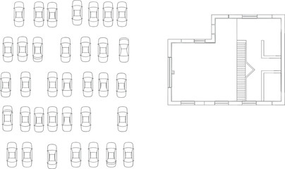 Efficient Parking Layout and Compact Apartment Floor Plan: Modern Design with Stairs and Functional Spaces flat vector illustration