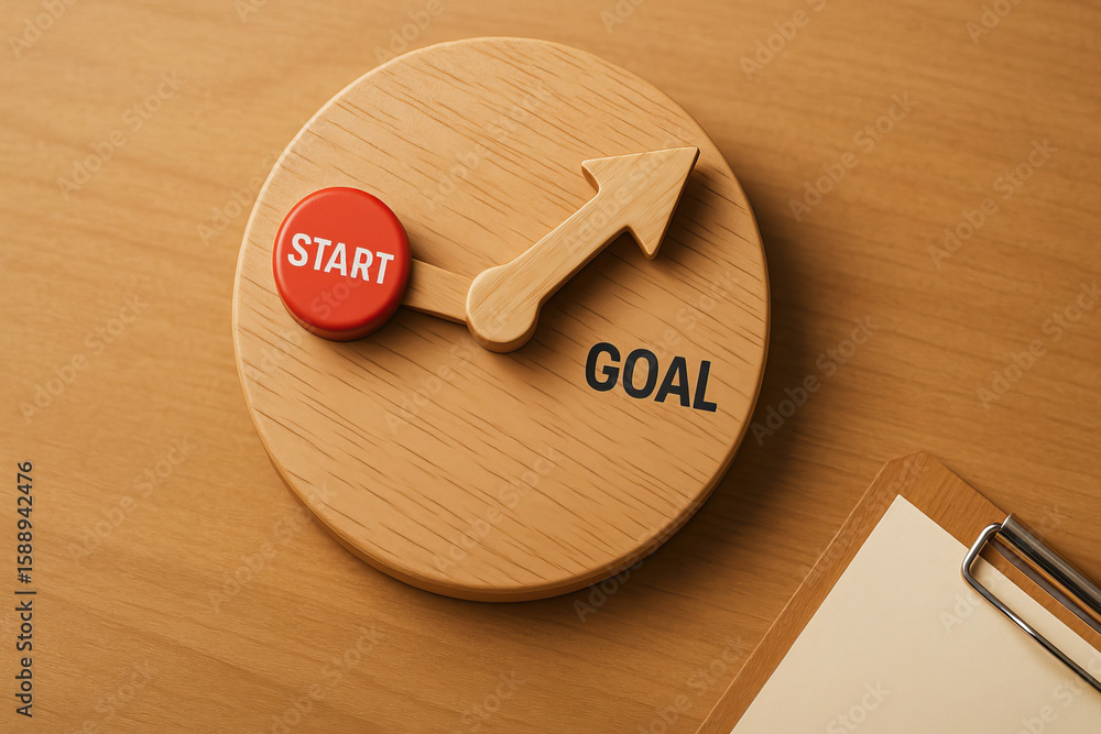 Aufkleber wooden round timer with arrow pointing from start to goal on wooden table with clipboard, symbolizin