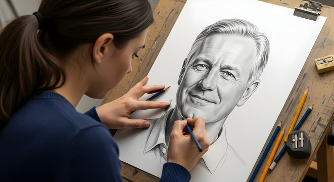 Female Artist Drawing Realistic Portrait of Senior Man with Pencil