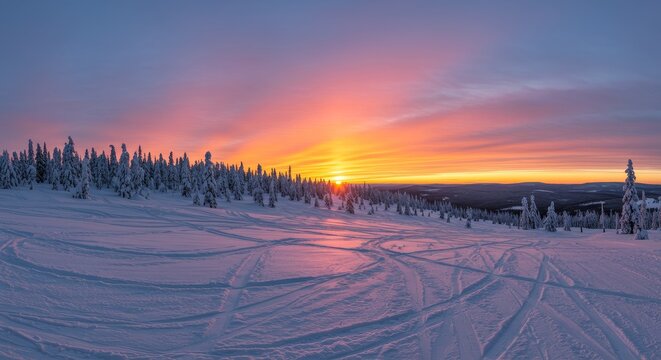 Snowy Hillside with Ski Tracks Illuminated by a Vibrant Winter Sunset - Powered by Adobe