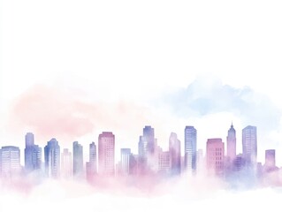Vivid watercolor depiction of a vibrant city skyline at dusk with soft gradients blending into a harmonious palette intricate architectural details and a dreamy serene atmosphere