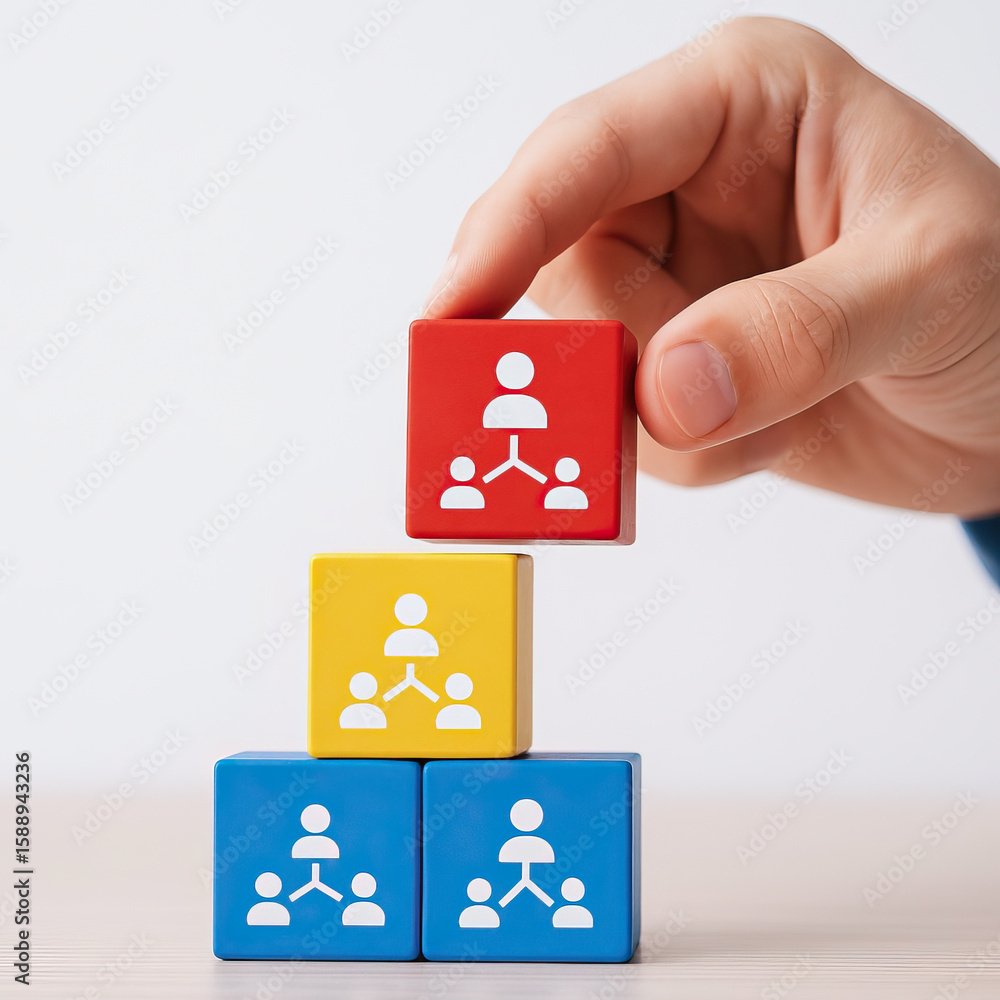 Poster hand placing red wooden block with team icon on top of colorful blocks symbolizing leadership and te