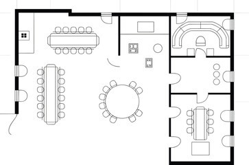 Modern Restaurant Floor Plan: Efficient Layout with Seating Areas, Bar, and Kitchen flat vector illustration