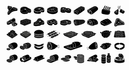 Black and White Meat Icons A diverse array of butcher cuts in isometric style for food related projects.