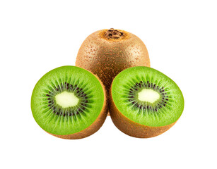 Fresh ripe kiwi fruit one whole and one sliced in half showing vibrant green flesh a white core and black seeds.