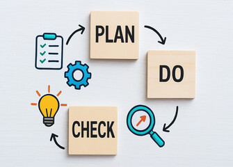 Plan do check cycle concept with wooden blocks and colorful icons representing checklist, gear, light bulb, and magnifying glass white background, symbolizing continuous improvement