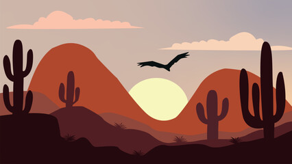 Vector illustration of a sunset in the desert with sand dunes and a large bird flying across the warm sky