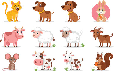 Cartoon Pets and Farm Animals, Cat, Dog, Rabbit, Cow, Sheep, Goat, Mouse, Squirrel, Cute Characters, Kids Educational Art