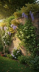 Fototapeta premium Sunlit garden wall covered in vibrant flowers and foliage
