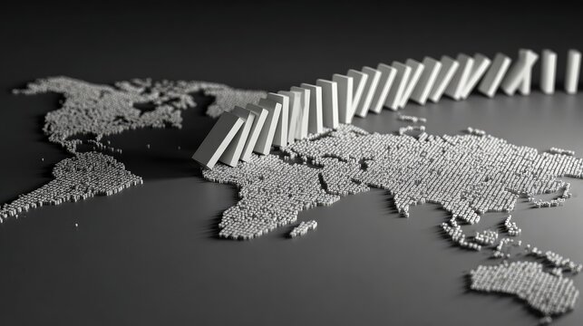 Fototapeta Dominoes falling on world map