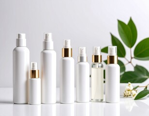 白い化粧品ボトルが整列したスキンケア製品の高級感あるモックアップ素材｜化粧品,ボトル,スキンケア,美容,パッケージ,白背景
