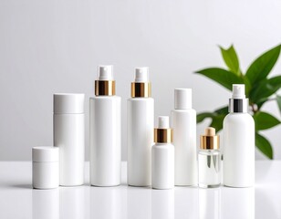白い化粧品ボトルが整列したスキンケア製品の高級感あるモックアップ素材｜化粧品,ボトル,スキンケア,美容,パッケージ,白背景