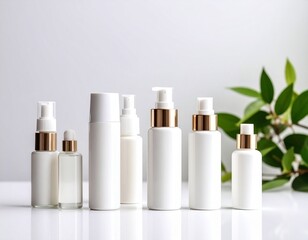白い化粧品ボトルが整列したスキンケア製品の高級感あるモックアップ素材｜化粧品,ボトル,スキンケア,美容,パッケージ,白背景