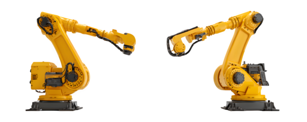 Transparent-Background Studio-Lit Photo-Realistic Two 3D robotic welding arms a versatile design element, digital artwork, ideal for graphic design and web banners, creative projects