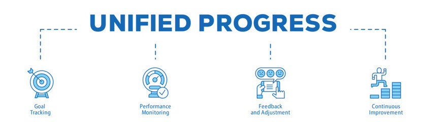 Unified Progress infographic icon bluetone flow process which consists of Goal Tracking, Performance Monitoring, Feedback and Adjustment, Continuous Improvement.