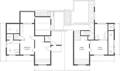 Multi-Level House Floor Plan: Ground and First Floor Layout with Efficient Living Spaces flat vector illustration