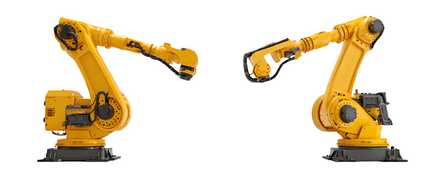 Transparent-Background Studio-Lit Photo-Realistic Two 3D robotic welding arms a versatile design element, digital artwork, ideal for graphic design and web banners, creative projects