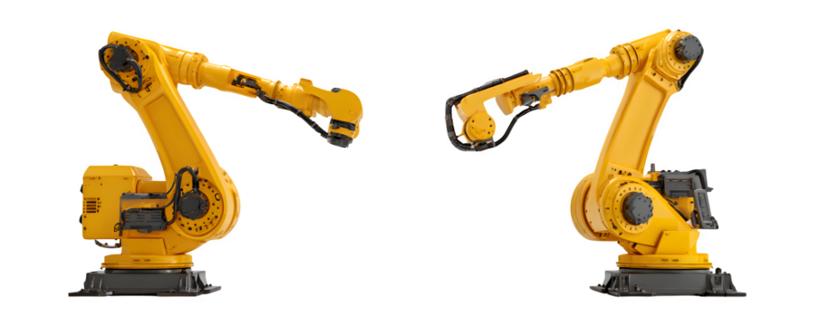 Transparent-Background Studio-Lit Photo-Realistic Two 3D robotic welding arms a versatile design element, digital artwork, ideal for graphic design and web banners, creative projects