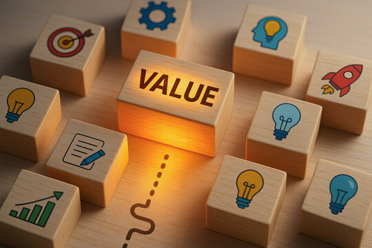Value concept with wooden blocks and icons representing ideas, innovation, growth, and planning, glowing block emphasizing importance and inspiration in business strategy