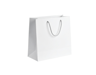 Minimalist white paper shopping bag with grey braided rope handles standing empty.