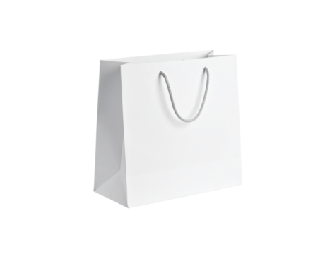 Minimalist white paper shopping bag with grey braided rope handles standing empty.