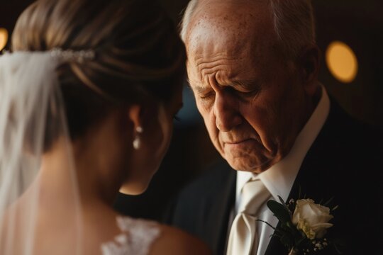 Senior father in suit with boutonniere sharing an emotional moment with his daughter, the bride, during a wedding ceremony, creating a touching scene of family and love