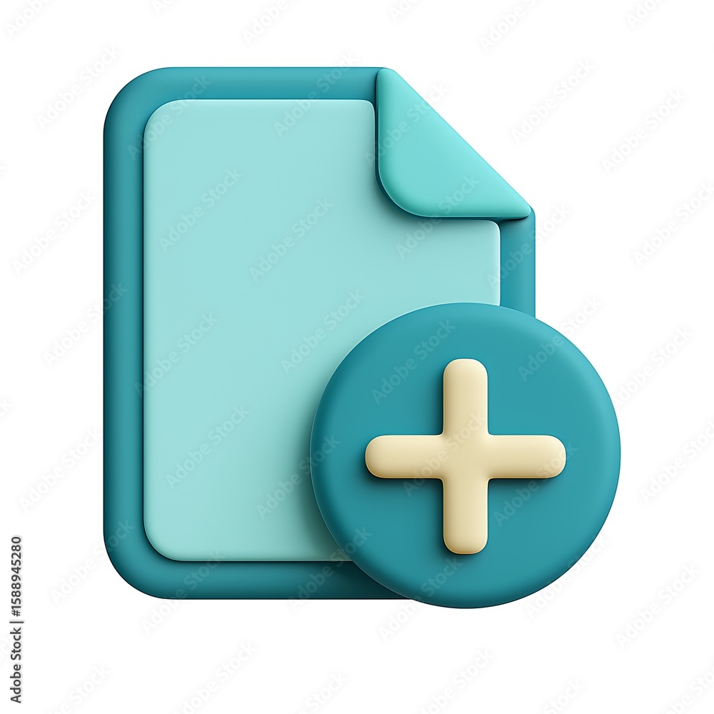 Poster 3d icon of a document with a plus symbol isolated on white background