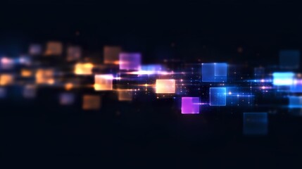 Glowing neon squares floating in dark space create dynamic motion trail effect with blue and purple light streaks against black background, suitable for tech presentations.