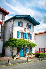house with blue shutters in the town of Ainhoa in the Spanish Basque Country