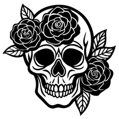 Obraz premium Black and White Skull Adorned with Roses Dark Floral Tattoo Style Illustration monochrome