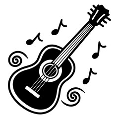 Black and White Acoustic Guitar Outline Illustration with Music Notes and Swirls musical notes