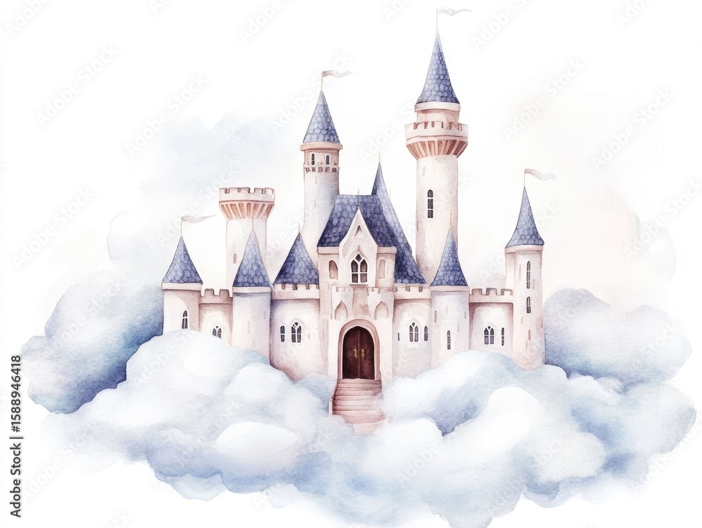 Poster dreamy watercolor depiction of a fairy tale castle surrounded by clouds with soft gradients blending