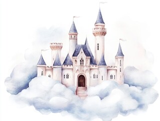 Dreamy watercolor depiction of a fairy tale castle surrounded by clouds with soft gradients blending into a harmonious palette and intricate details creating a whimsical enchanting atmosphere