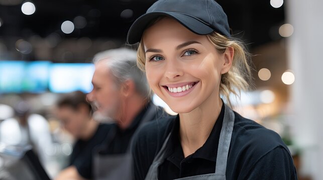 Friendly barista serving customers in a bustling cafe setting