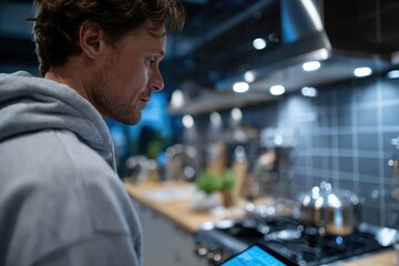 A man is concentrating on a cooking task while viewing a tablet in a stylish kitchen setting, reflecting the intersection of tradition and modern technology in daily cooking.