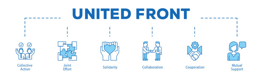 United Front infographic icon bluetone flow process which consists of Collective Action, Joint Effort, Solidarity, Collaboration, Cooperation, Mutual Support.