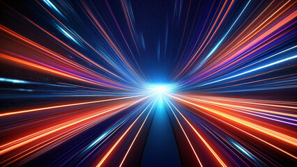 Abstract space tunnel with bright glowing light streaks in blue, red, and orange tones. Dynamic motion perspective giving a sense of speed, travel, and futuristic movement through space.