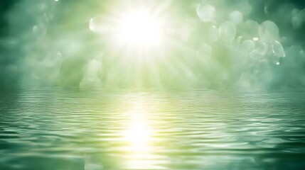 Abstract Green Water Surface with Light Rays and Bokeh