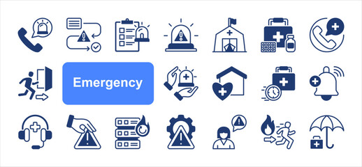 Emergency editable stroke icon set, with Response, Procedure, Plan, Alert, Evacuation, Services, Kit, Urgent care.
