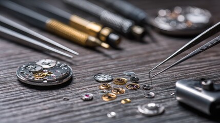 Watchmaker's workbench, parts scattered