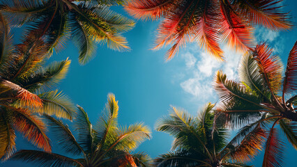 Tropical palm trees viewed from below at a slight angle, with a bright blue sky and scattered clouds. Natural summer scene with green foliage and warm light, captured from a low perspective.