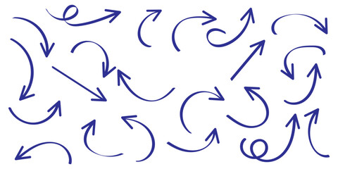 Set of black hand drawn arrows isolated on white. Vector illustration. Hand drawn doodle sketch style. Decoration for web design