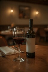 Red wine and vintage bottle with blank label on city-view terrace at dusk