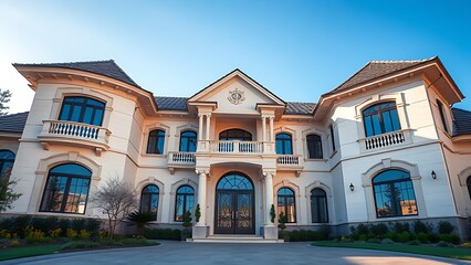 Elegant residence entrance with architectural details under a clear blue sky, exuding luxury.